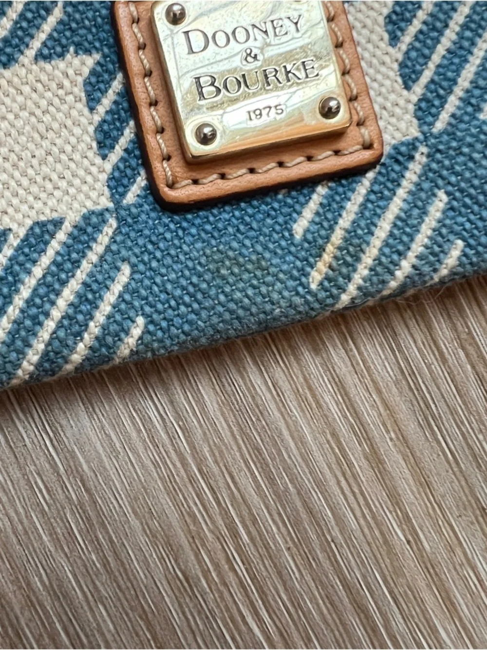 Dooney & Bourke Blue and Cream Plaid Canvas Wristlet with Tan Trim